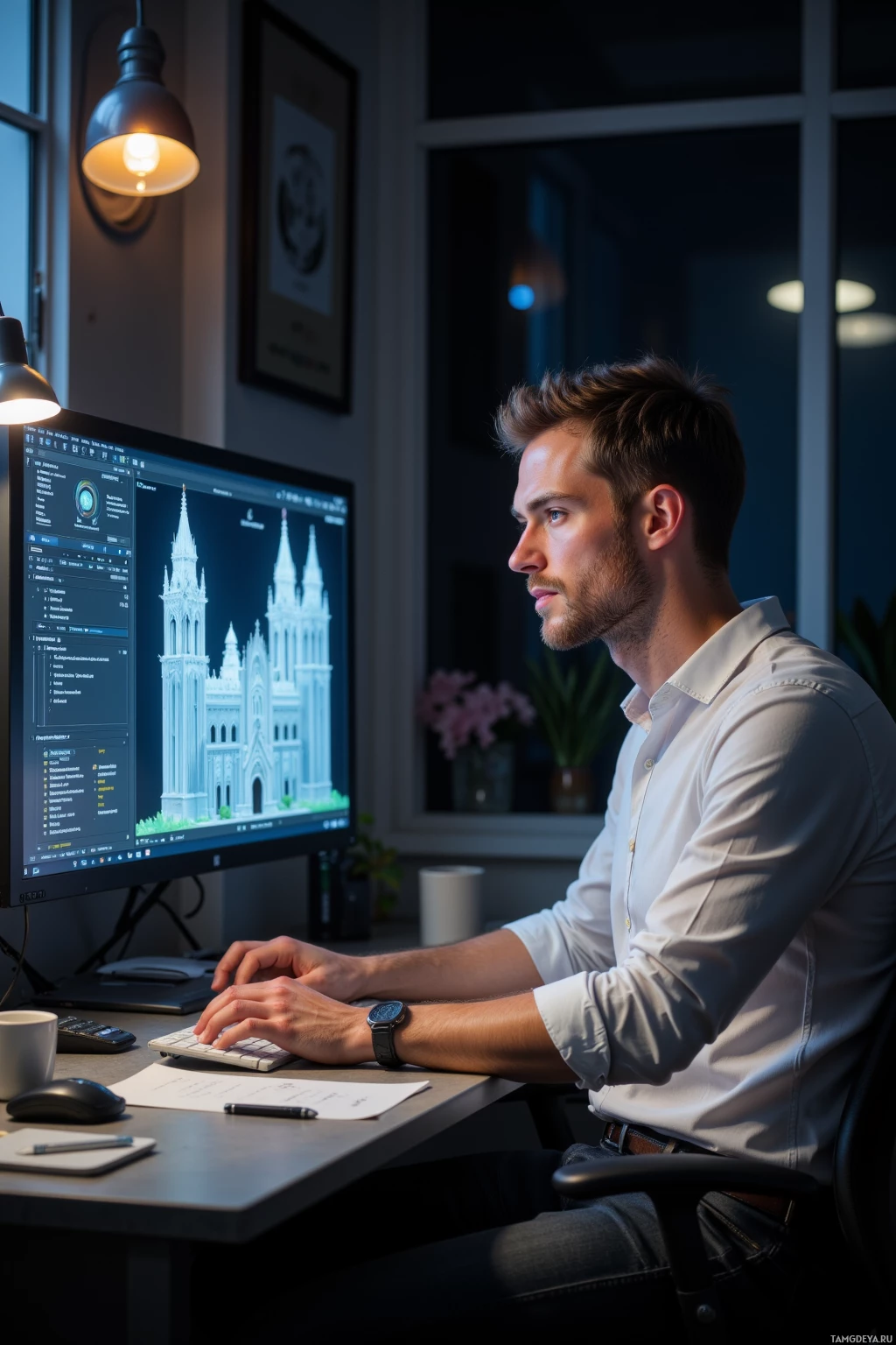 A man works at a desk in a dimly lit room, focusing on a computer screen displaying a detailed architectural design.