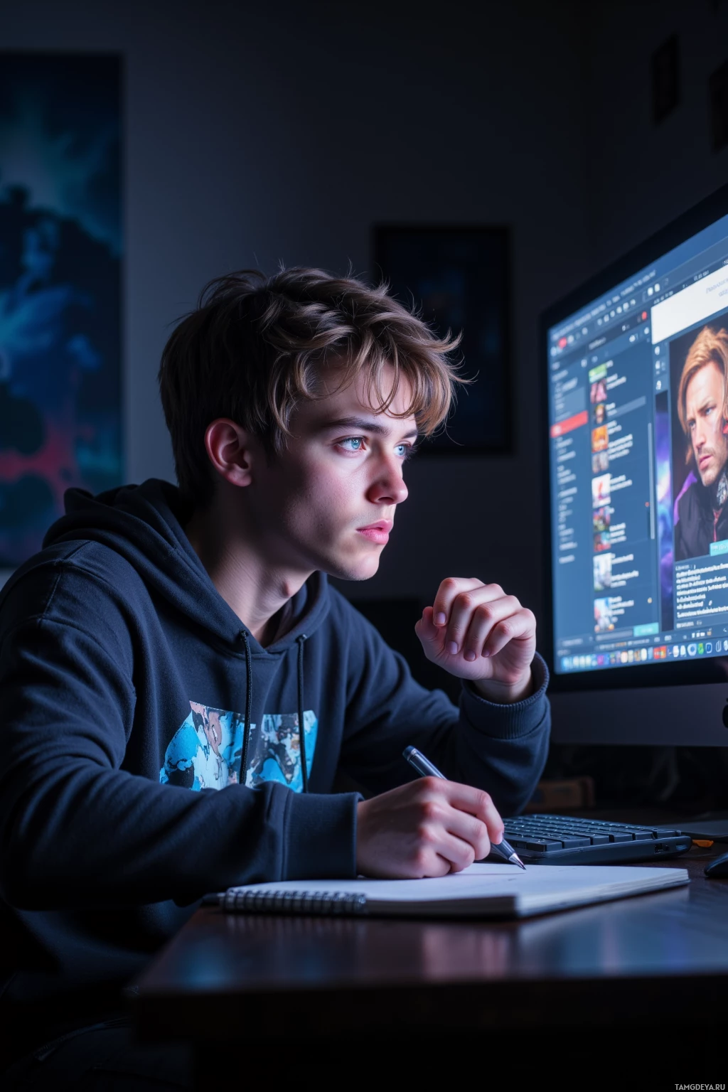 A person in a hoodie is working at a desk, writing in a notebook while looking at a computer screen.