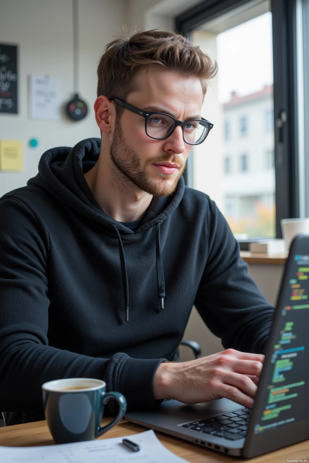 A person wearing glasses and a hoodie is working on a laptop at a desk with a coffee mug nearby.