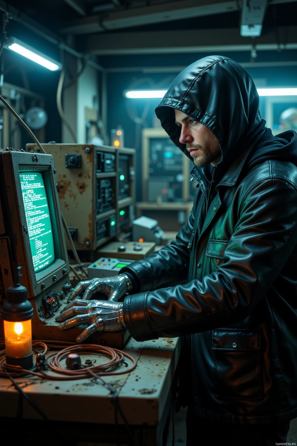 A person in a hooded jacket and leather gloves works on an old computer in a dimly lit room.