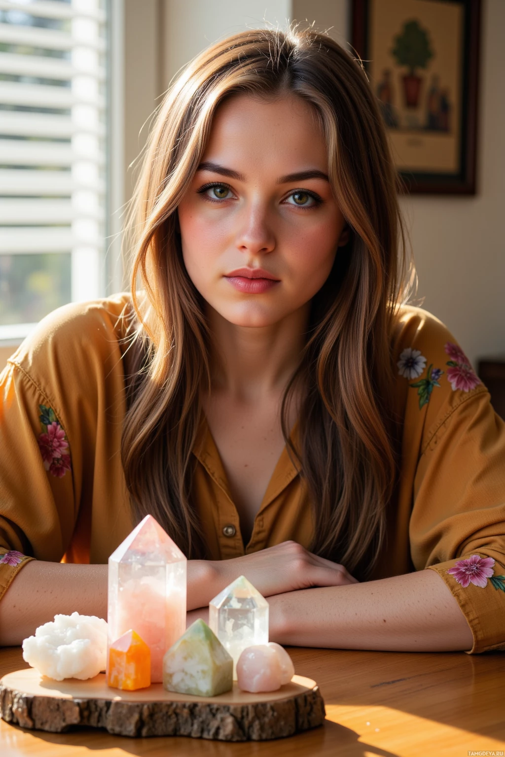 A woman with long brown hair sits at a table with various crystals and a wooden slice.