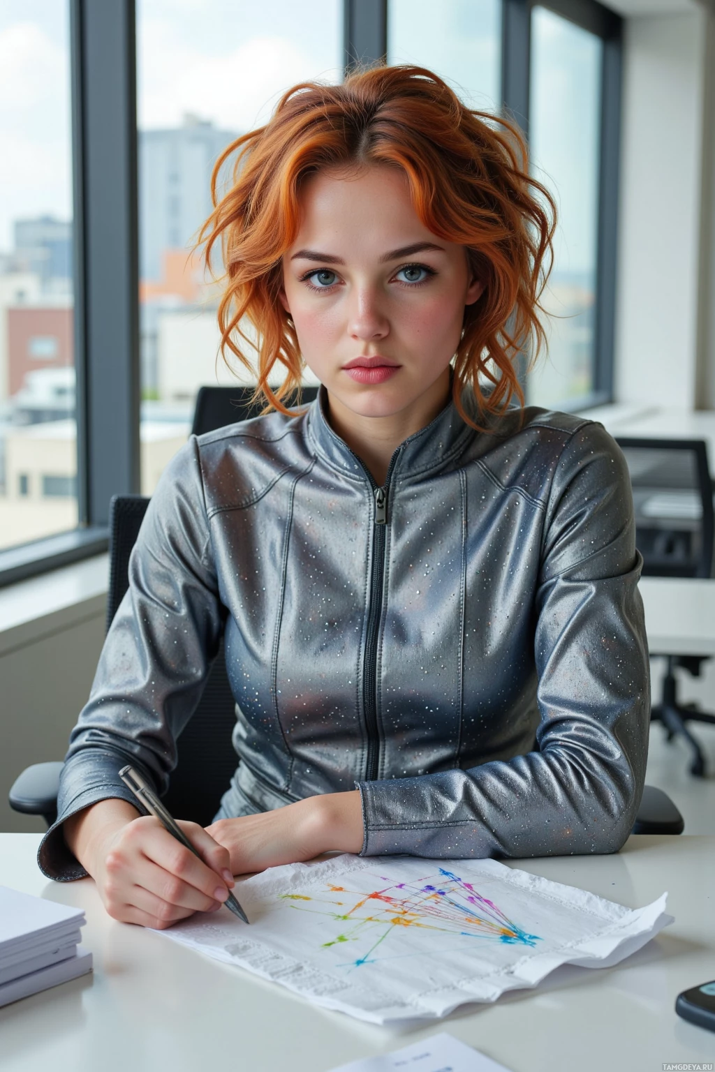 A person with red hair sits at a desk, wearing a metallic jacket, and appears to be working with documents.