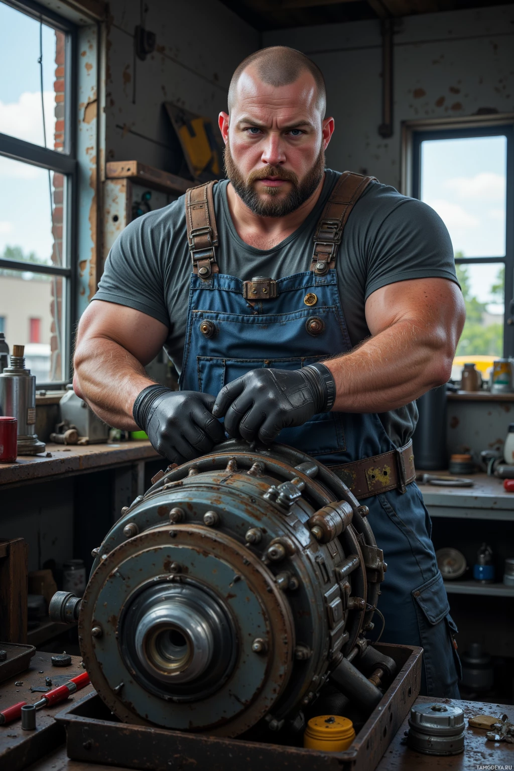 A muscular man in overalls works on a large, rusted mechanical part in a workshop.