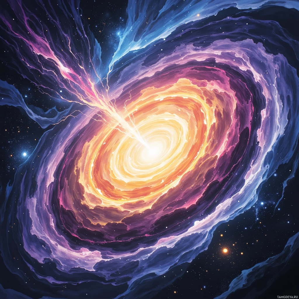 A vibrant cosmic swirl with swirling colors and star-like points against a dark background.