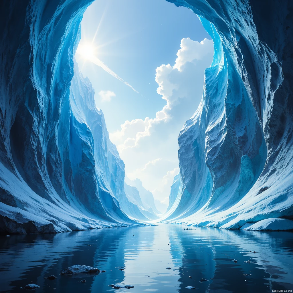 A serene icy landscape with towering ice cliffs and a calm body of water reflecting the sky.