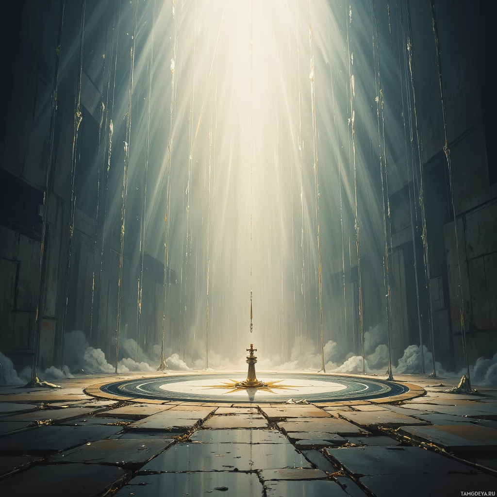 A sunlit, ancient chamber with a central compass-like structure and beams of light streaming down.