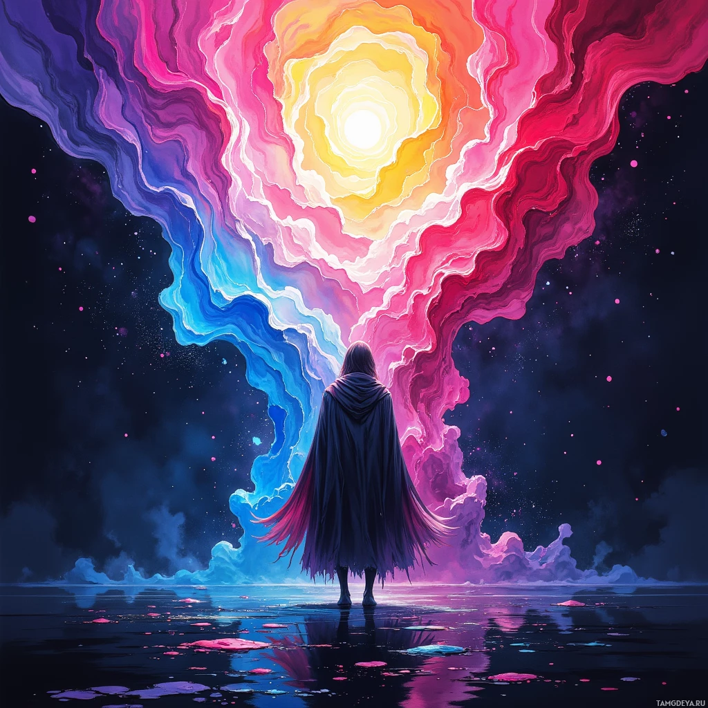 A hooded figure stands before a vibrant, swirling cloud of colors in a dark, starry sky.