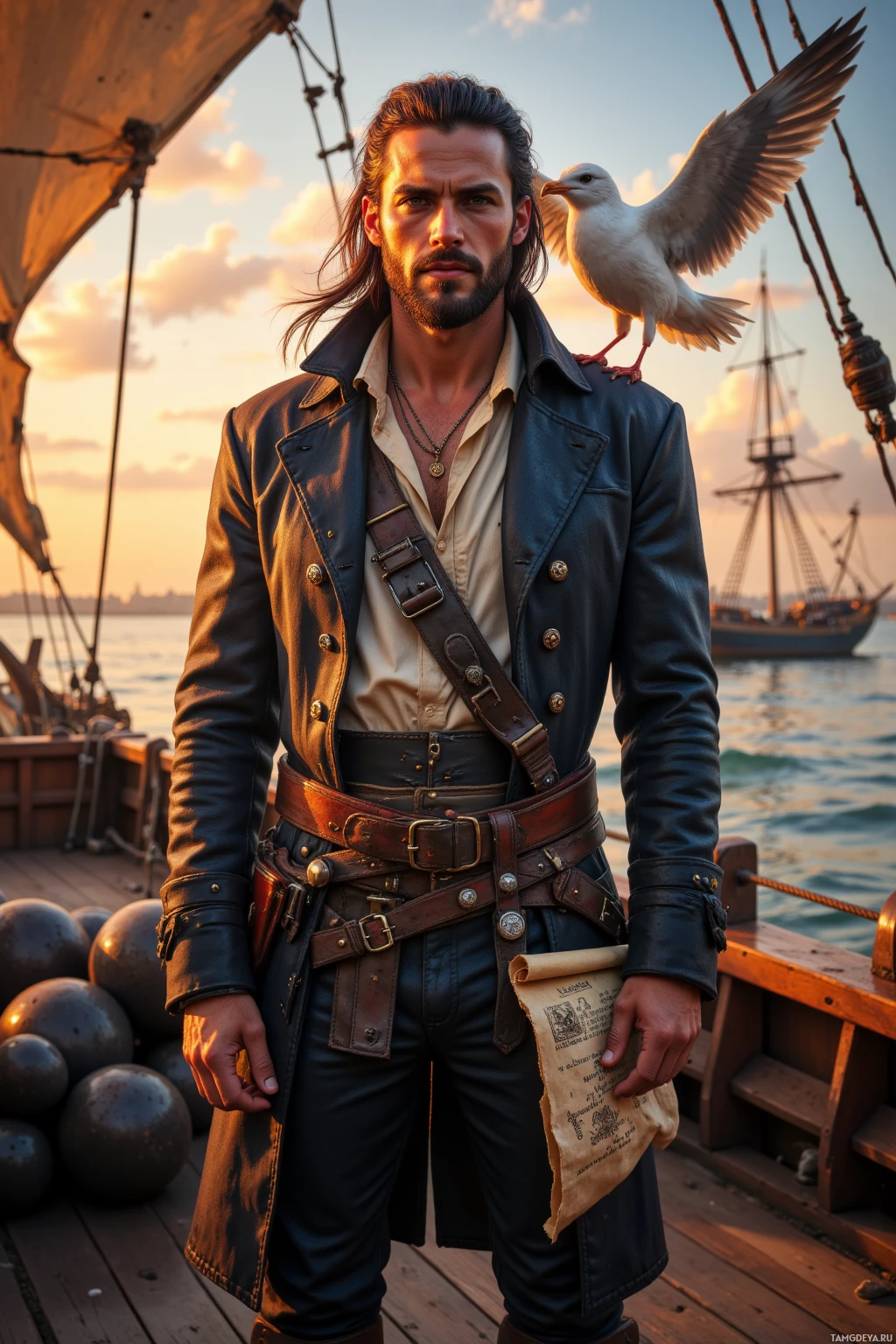A man in a leather jacket stands on a ship deck, holding a scroll, with a seagull perched on his shoulder.