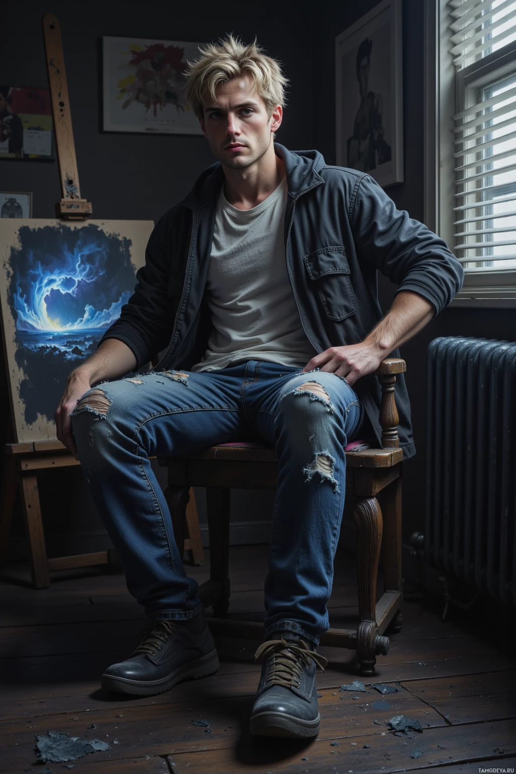 A person sits on a wooden chair in a dimly lit room with artwork and a radiator in the background.