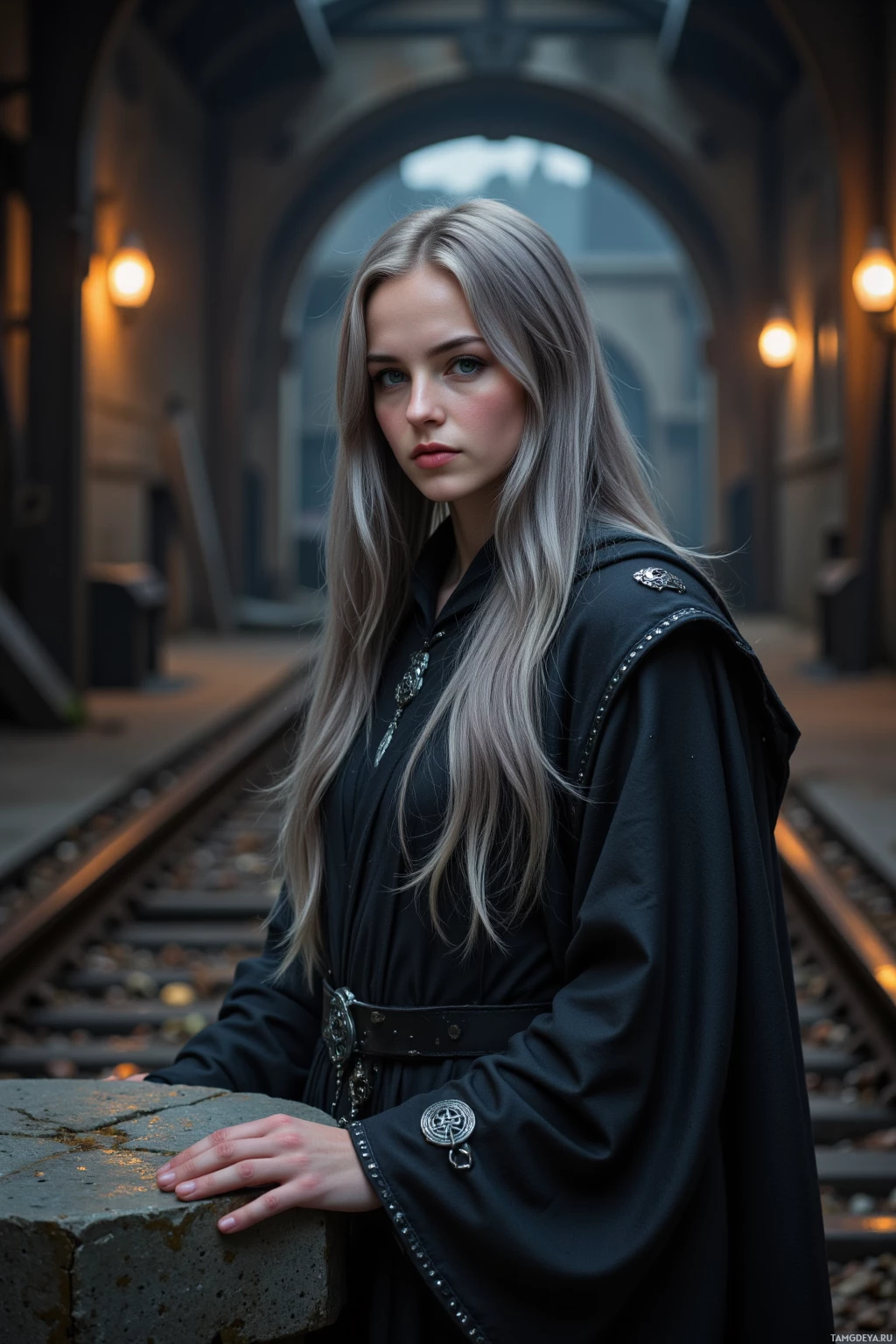 A person in a dark robe stands in a dimly lit, arched corridor.