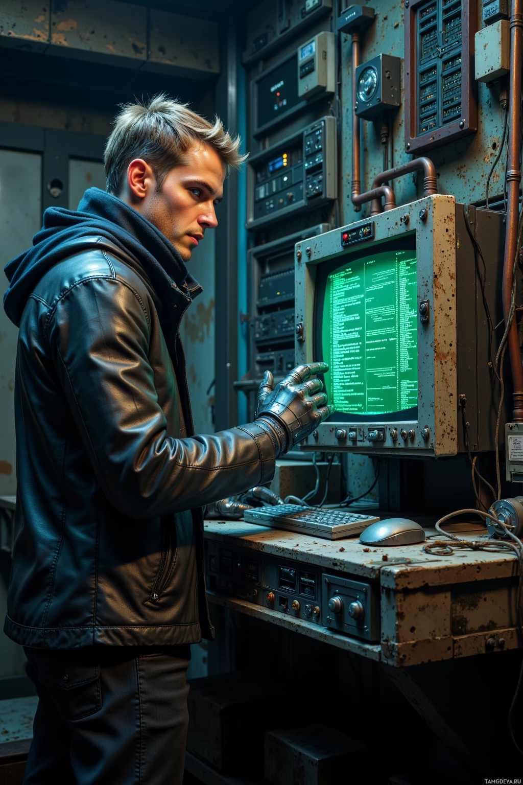 A person in a leather jacket stands in front of a computer terminal with a green screen displaying code.