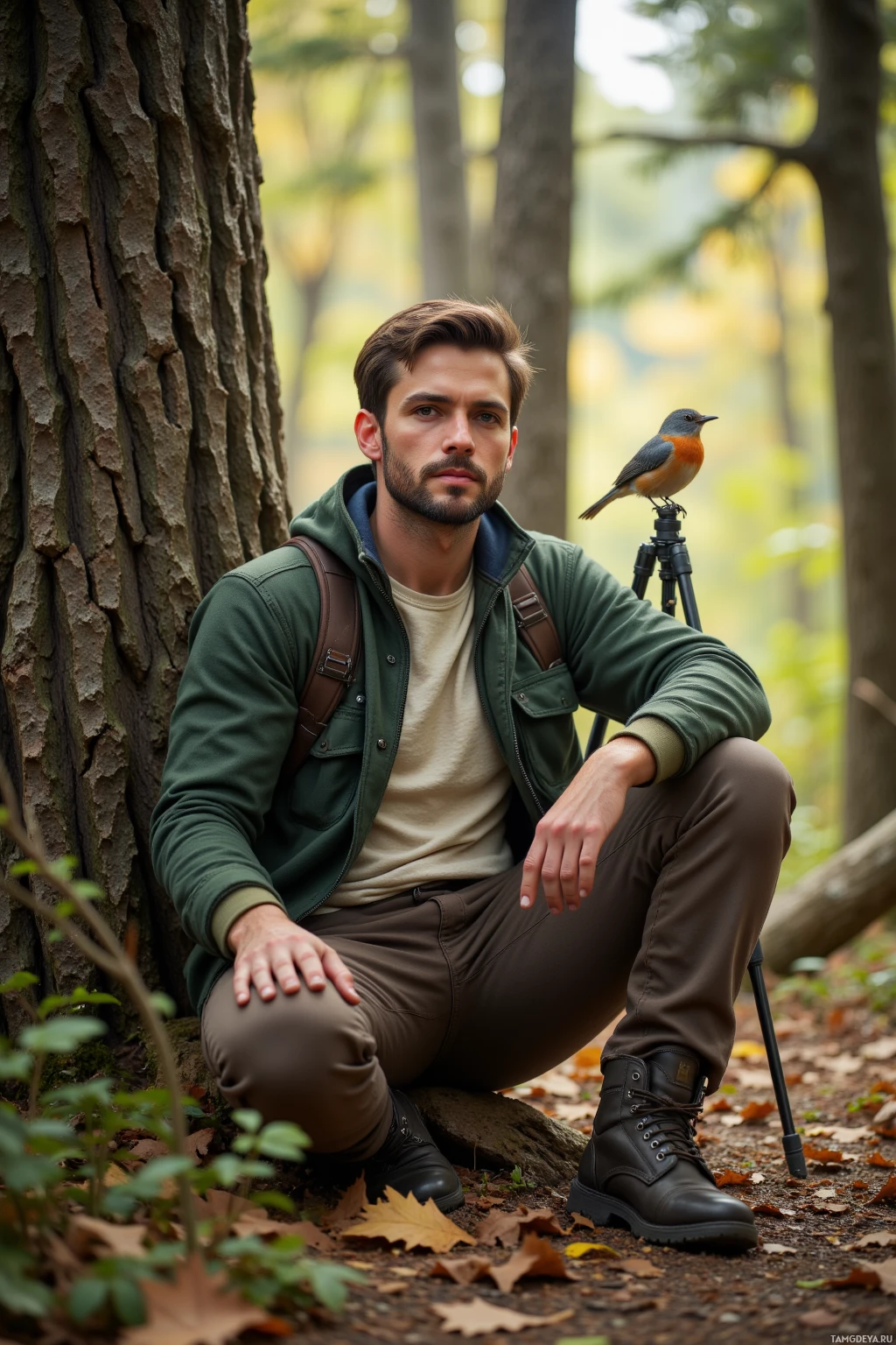 A man in a forest setting, crouching near a tree, with a bird perched on a tripod in the background.