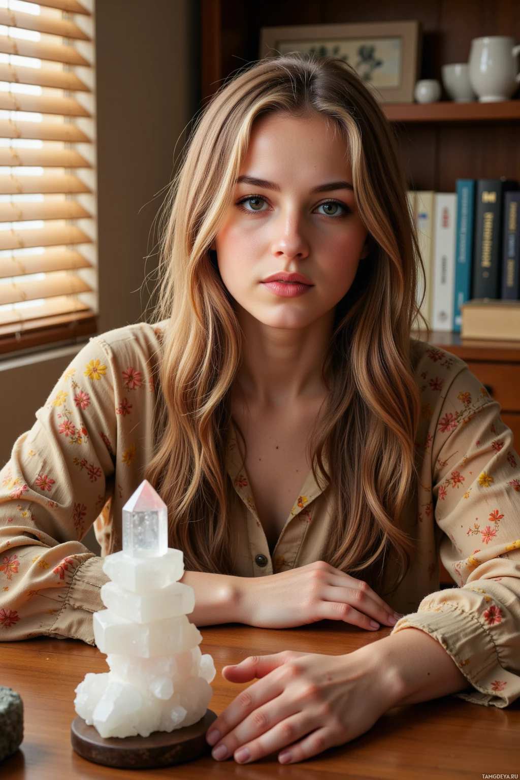 A woman with long, wavy hair sits at a table with a crystal pyramid in front of her.