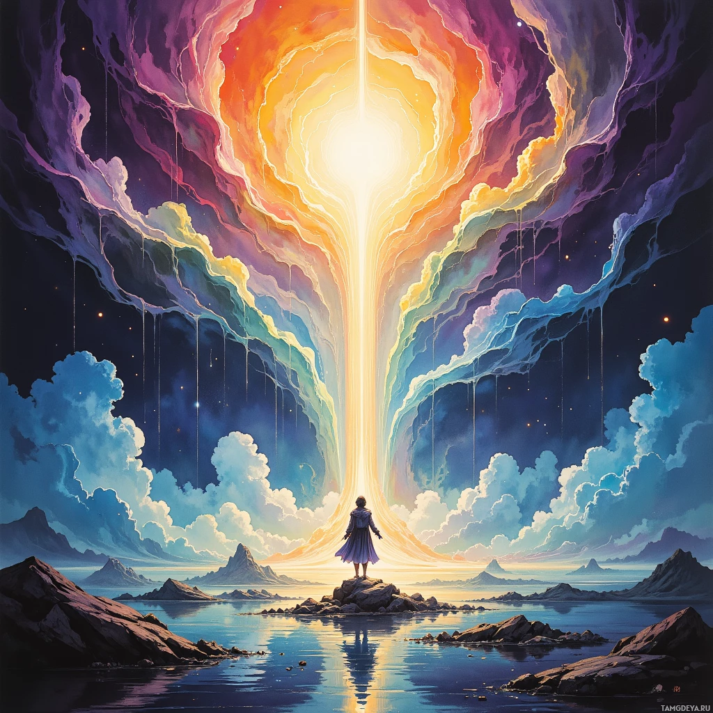 A person stands on a rock, gazing at a radiant, colorful light source in the sky.
