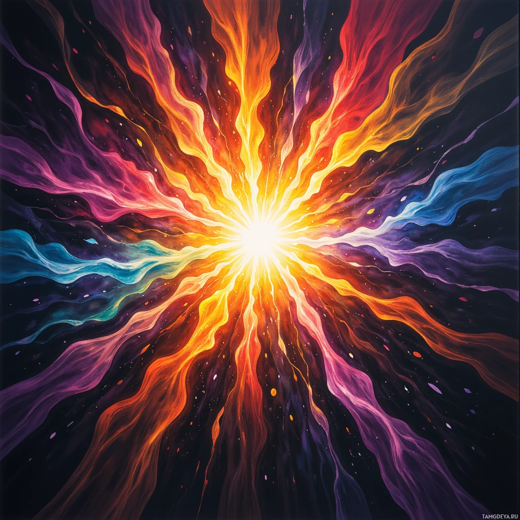 A vibrant cosmic explosion with radiating colorful streams and glowing particles.