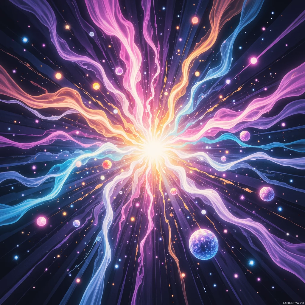 A vibrant cosmic scene with swirling energy streams and glowing particles.