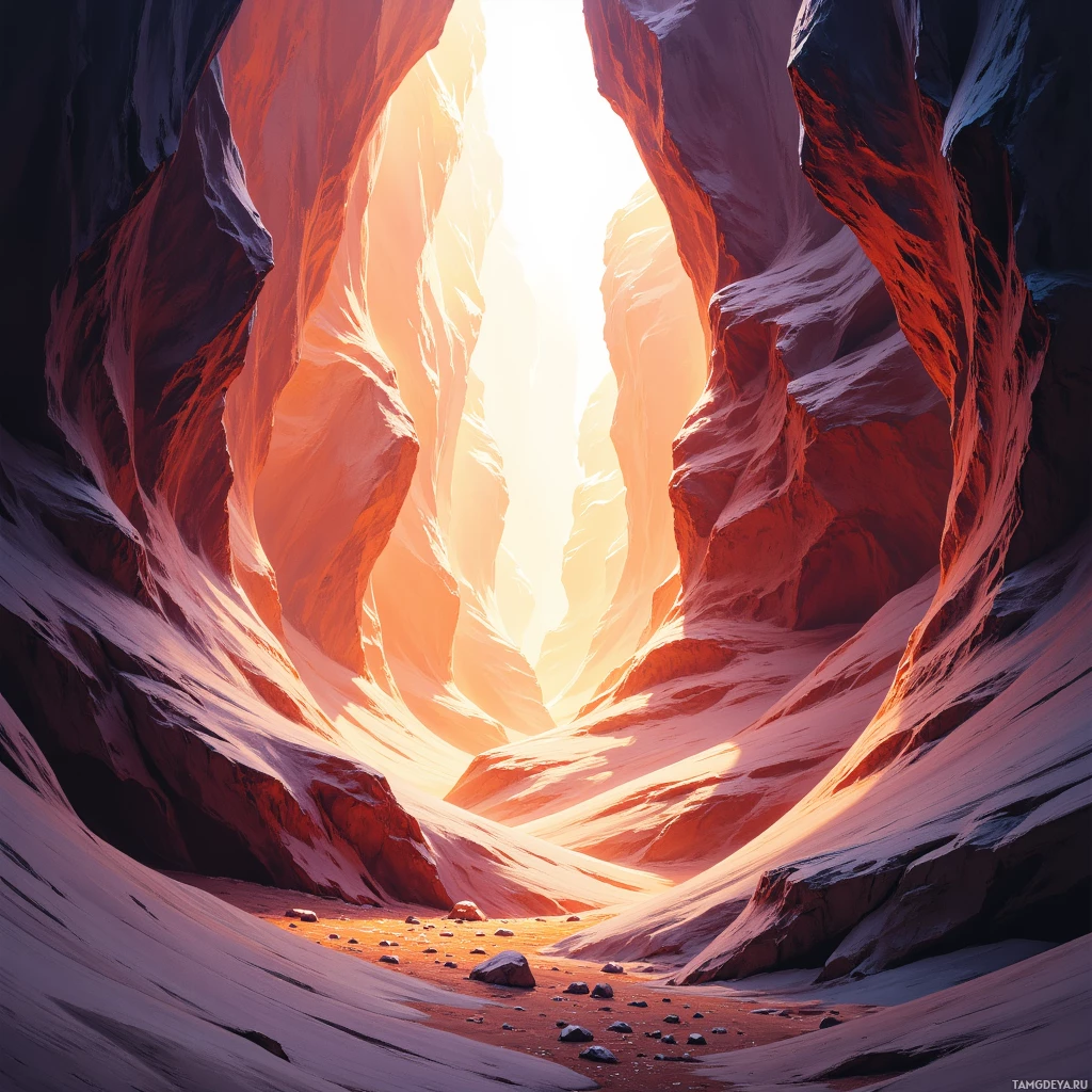 A sunlit, red-toned canyon with smooth rock formations and scattered rocks.