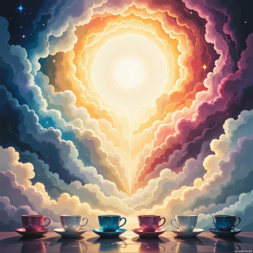 A surreal scene featuring a row of colorful teacups set against a vibrant, cosmic sky with swirling clouds and a radiant light source.