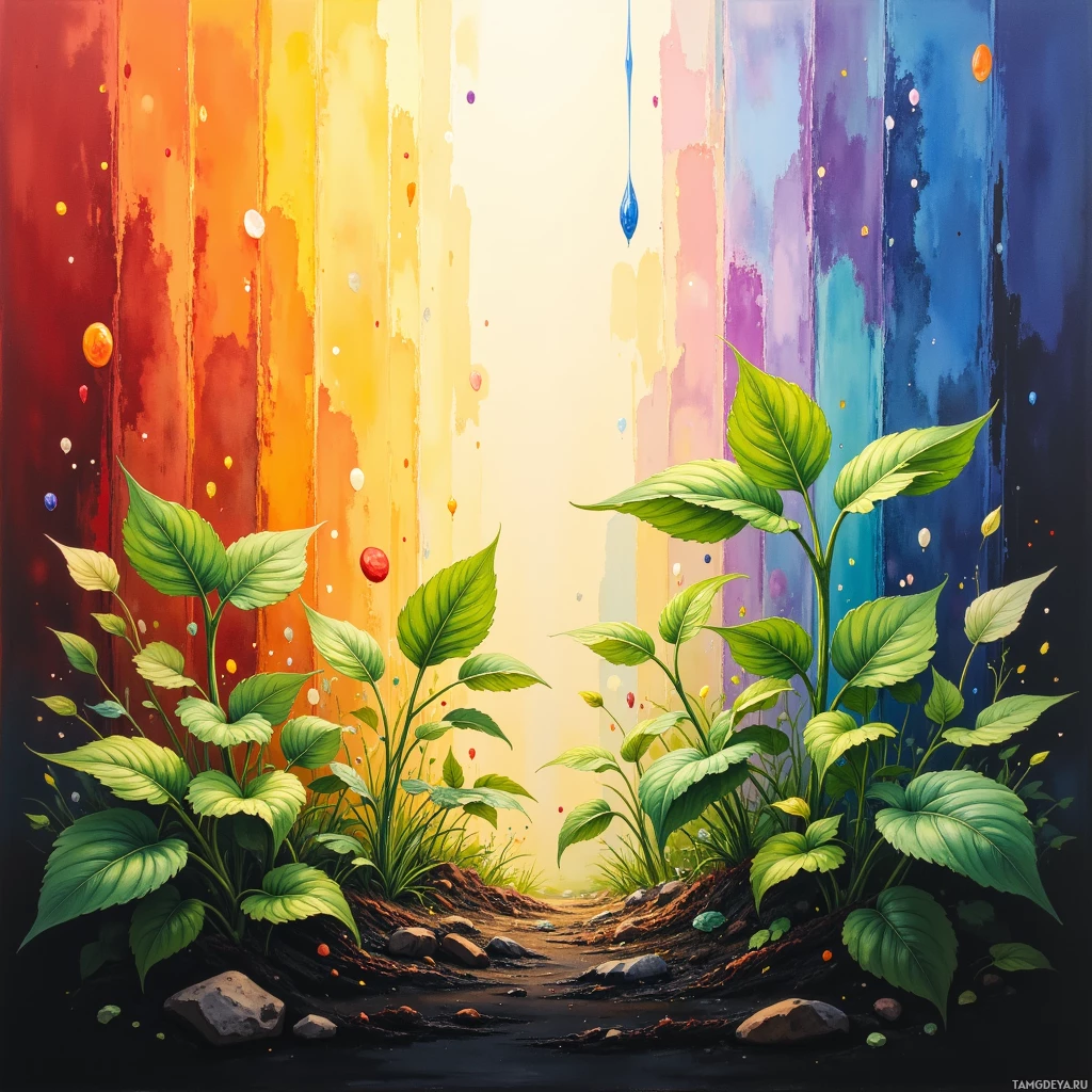 A vibrant painting featuring lush green plants and a colorful background with vertical stripes.