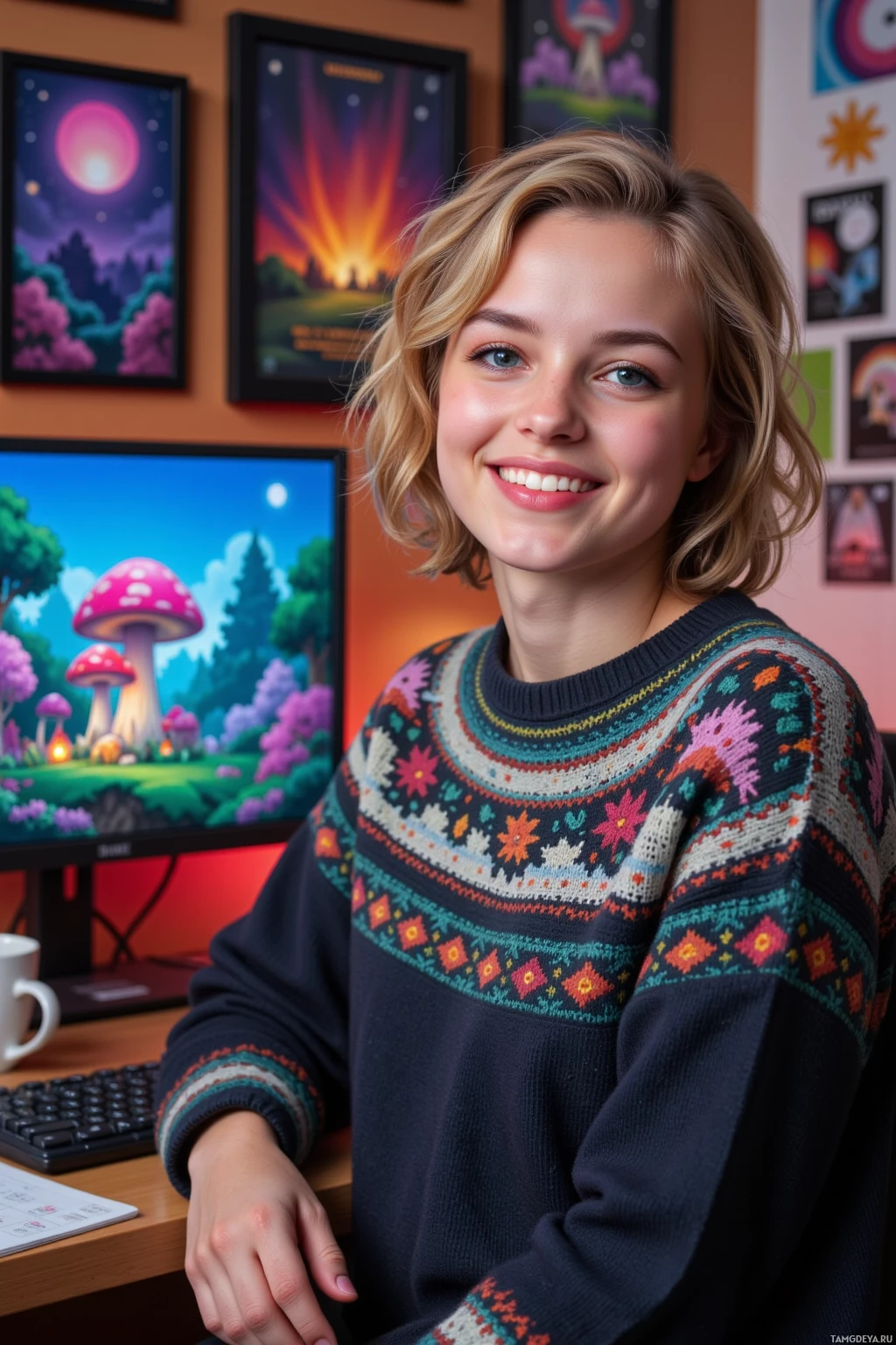 A person wearing a colorful sweater sits in front of a computer with a vibrant background.