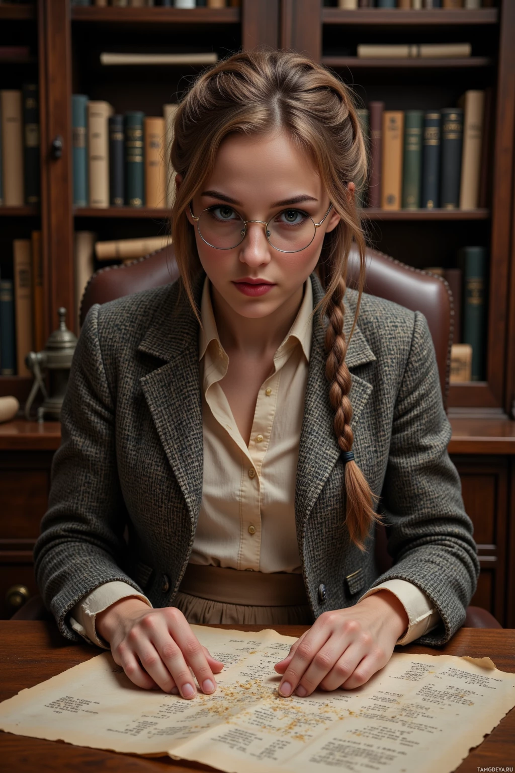 A woman in a professional outfit sits at a desk with a document in front of her, surrounded by bookshelves.