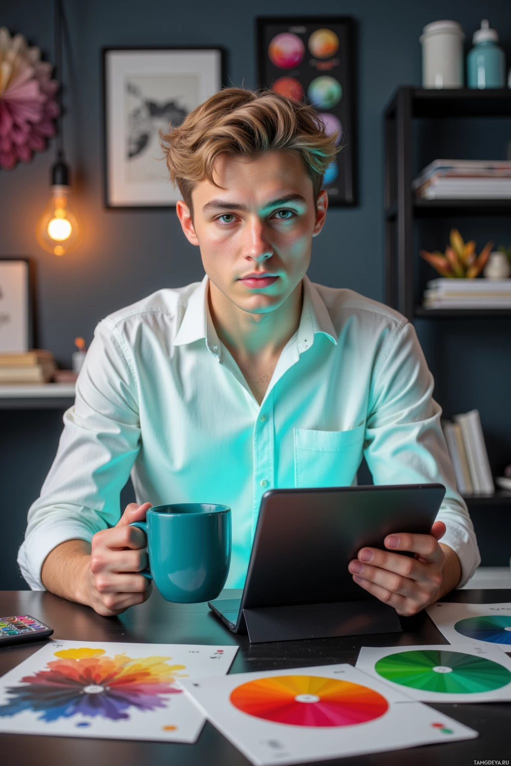 A person in a light blue shirt sits at a desk with a tablet, holding a mug, surrounded by color charts and a lamp.