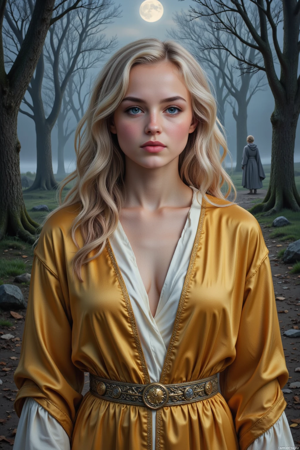 A woman in a golden robe stands in a misty forest under a full moon.