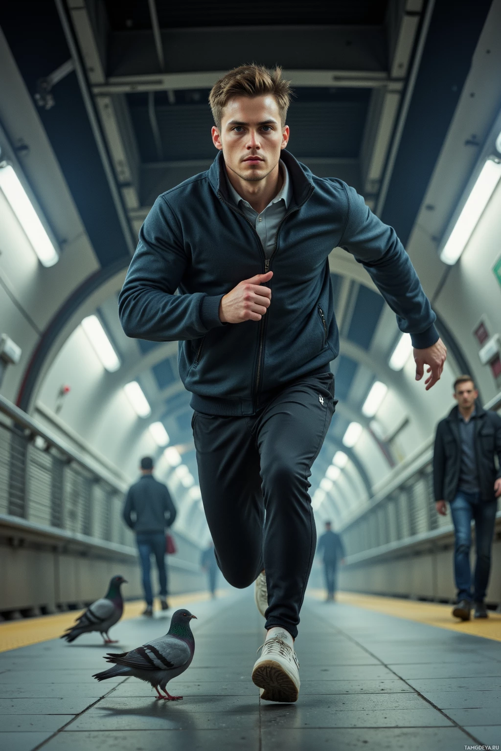 A man in a dark jacket runs on a subway platform with pigeons nearby.