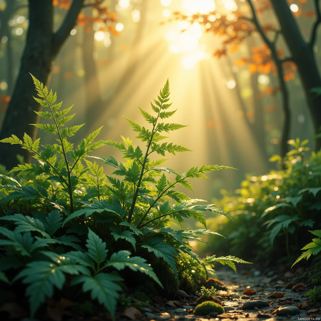 A serene forest scene with sunlight filtering through trees, illuminating green foliage.
