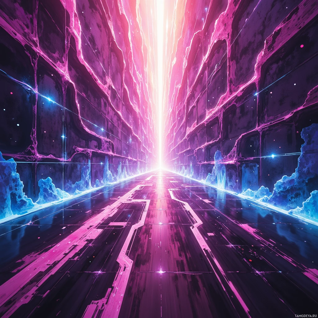 A futuristic corridor with glowing pink and blue lights leading to a bright light at the end.