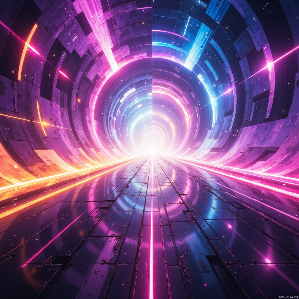 A futuristic tunnel with glowing neon lights and a reflective floor.