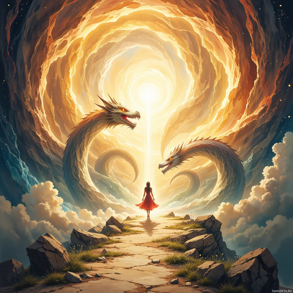 A woman in a red dress stands at the entrance of a glowing portal, facing two serpentine dragons.