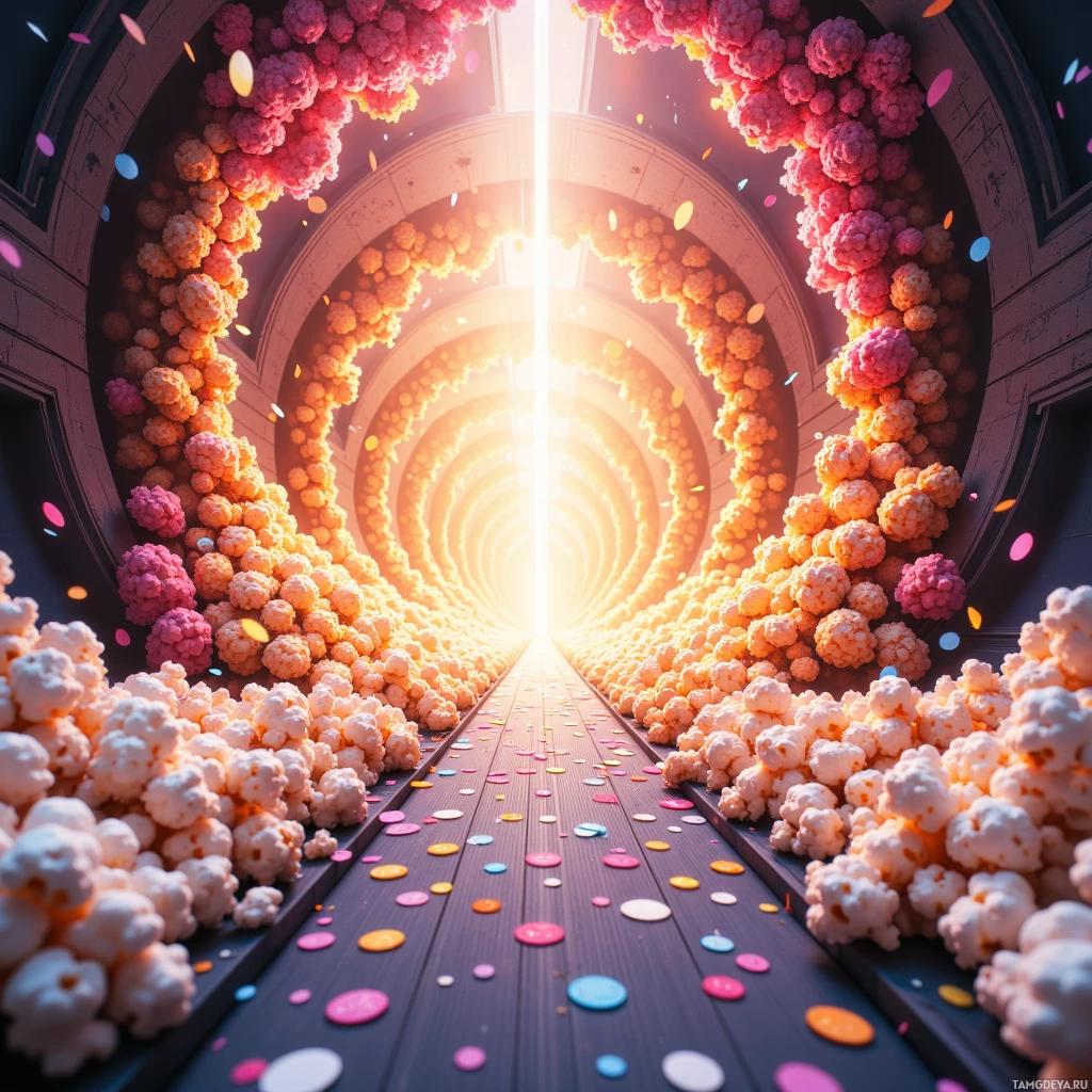 A vibrant tunnel of colorful, spherical objects leading towards a bright light at the end.