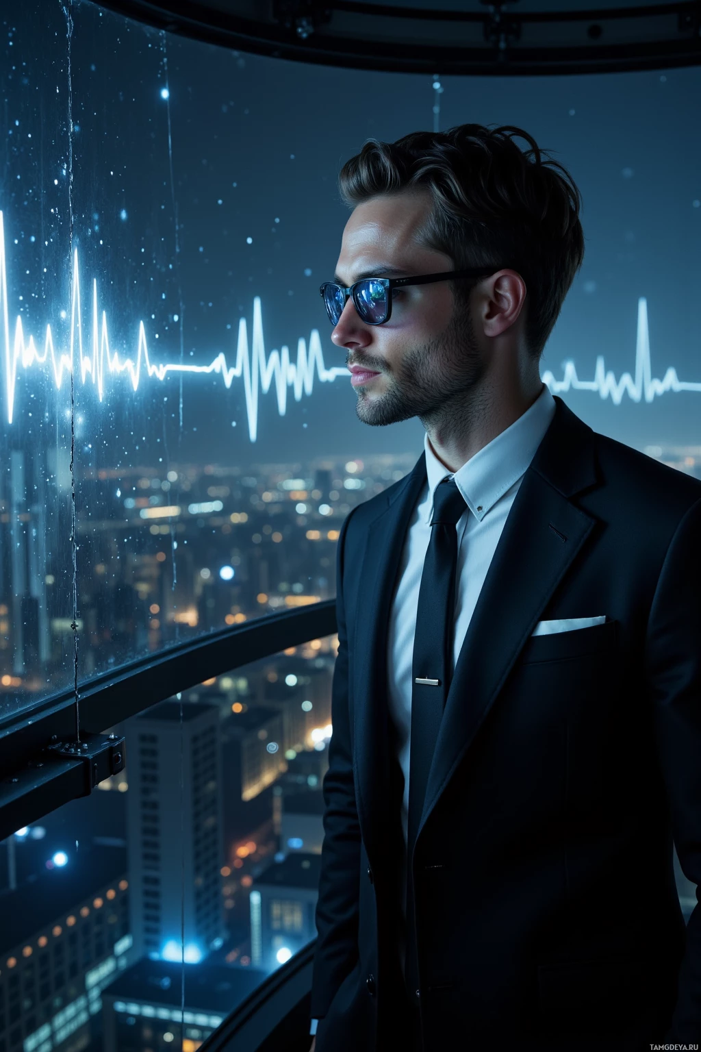 A man in a suit stands by a window overlooking a cityscape at night.