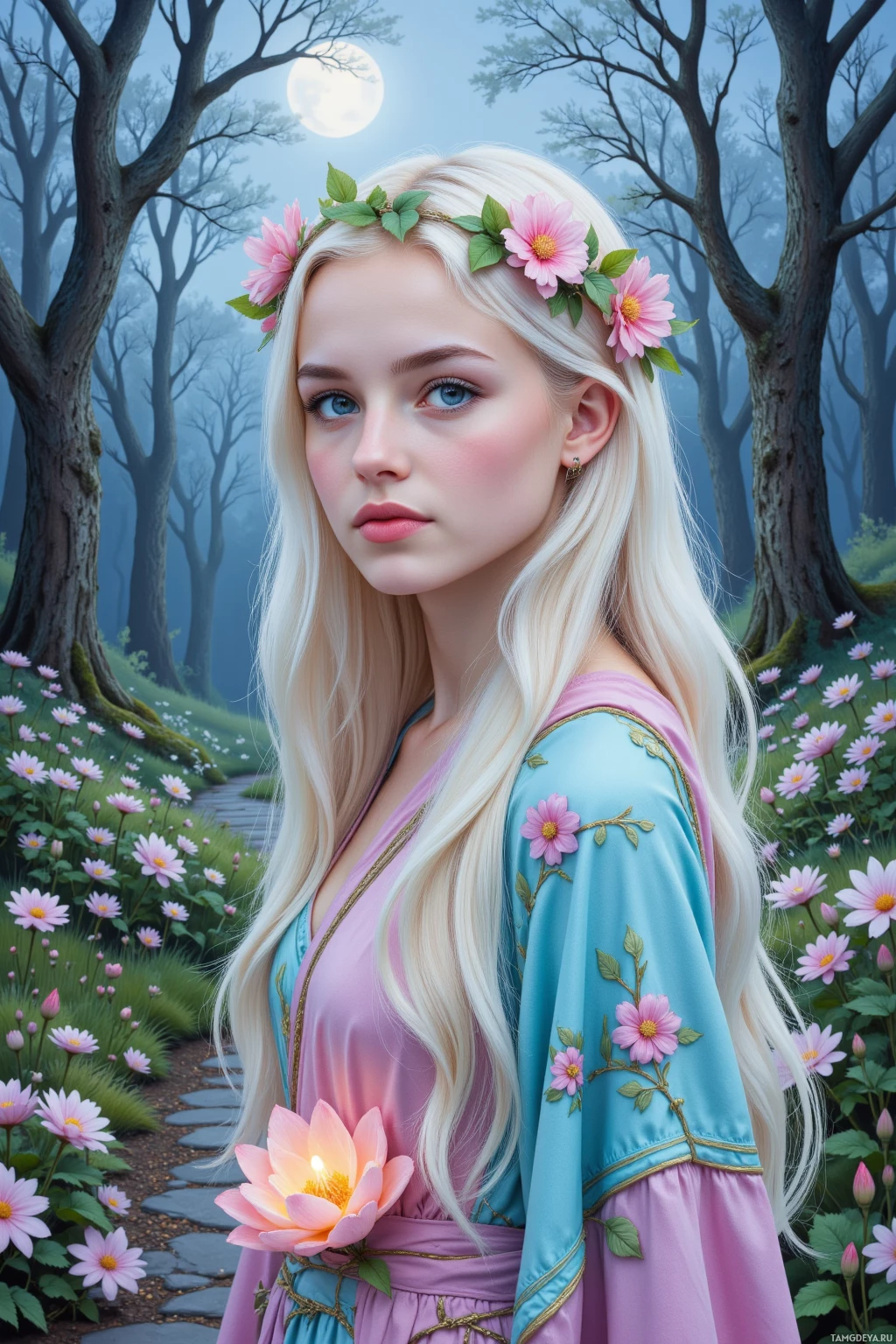 A woman with long blonde hair adorned with flowers, wearing a blue and pink dress, stands in a misty forest with blooming flowers.