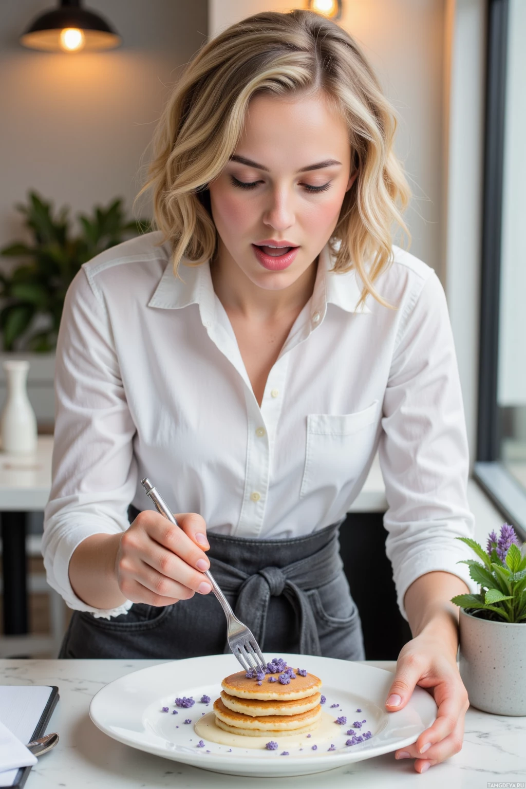 A woman in a white shirt is eating pancakes with a fork.