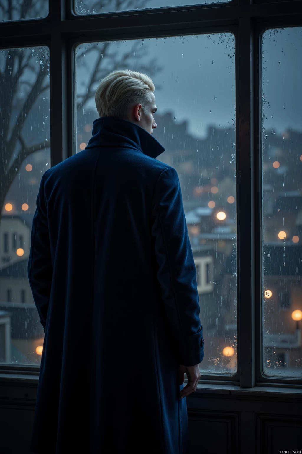 A person in a dark coat stands by a window, gazing out at a rainy cityscape.