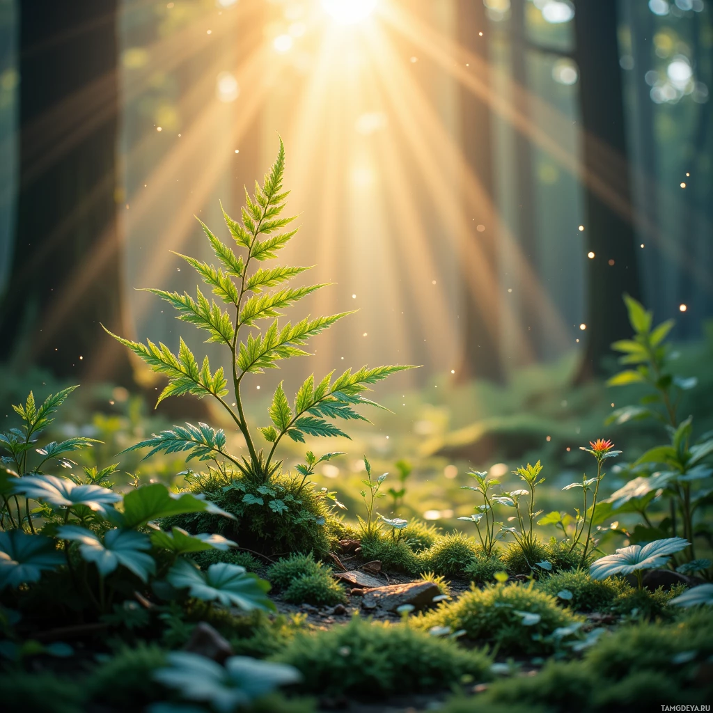 A serene forest scene with sunlight filtering through trees, illuminating green foliage and moss.