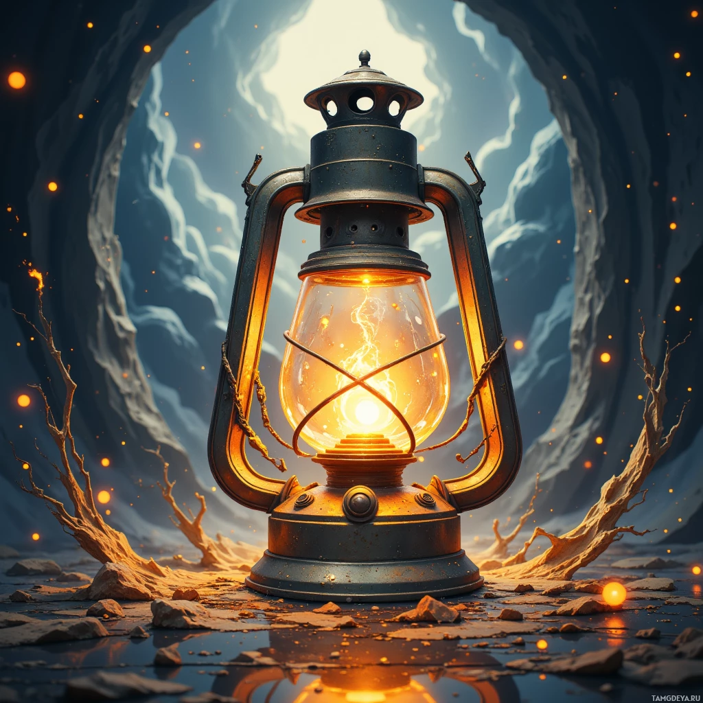 A glowing lantern in a cave with rocky surroundings and floating embers.