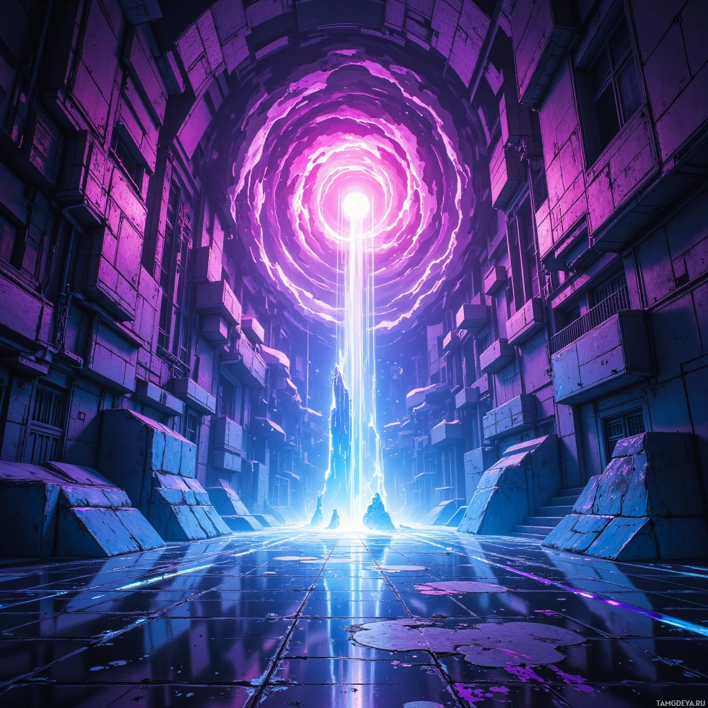 A futuristic, neon-lit corridor with a glowing portal at the end.