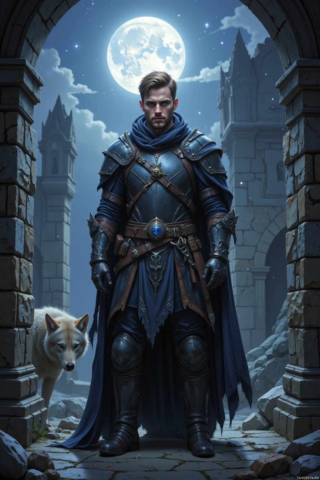 A knight in armor stands beside a wolf under a full moon.