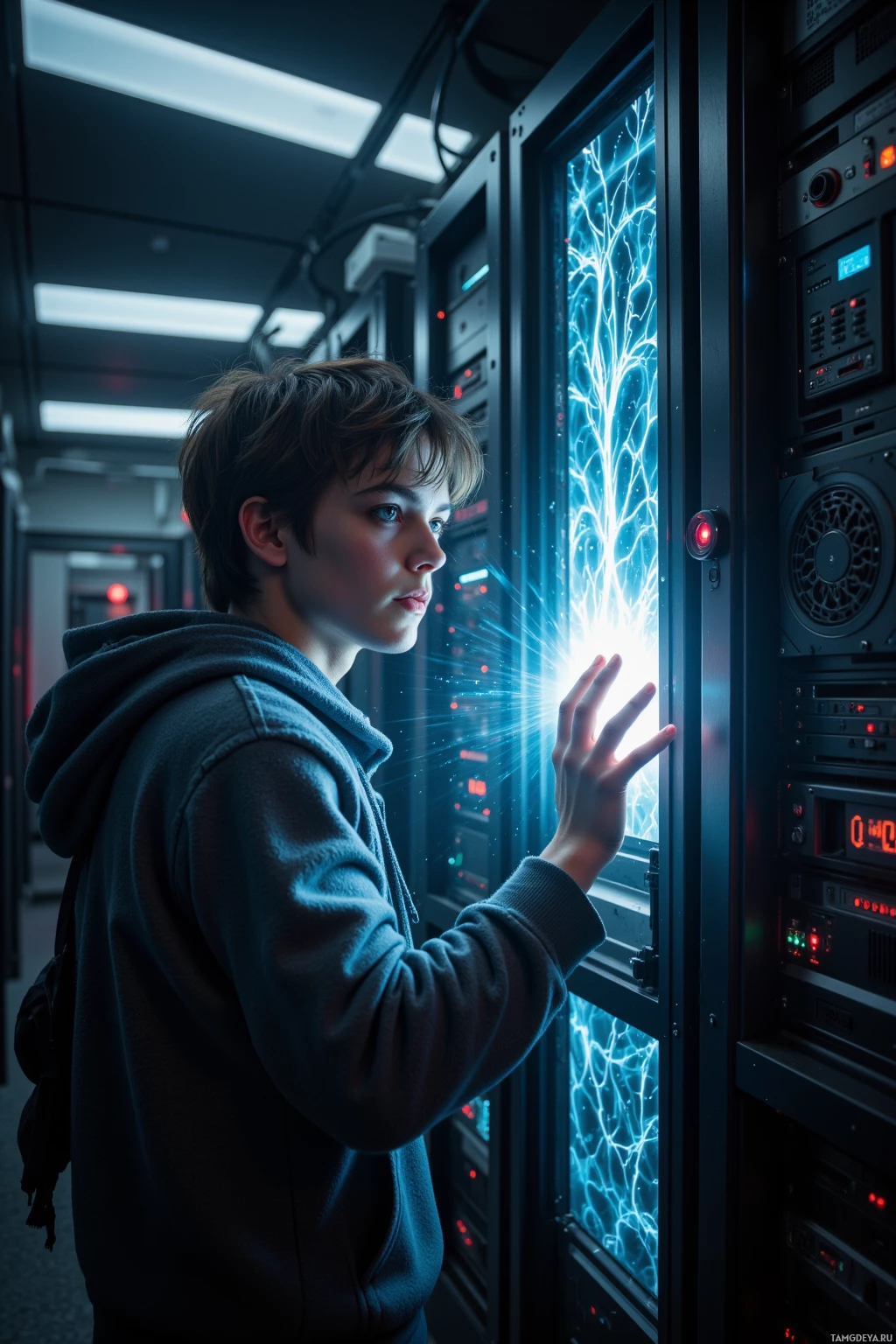 A young person in a hoodie stands in a server room, interacting with a glowing server panel.
