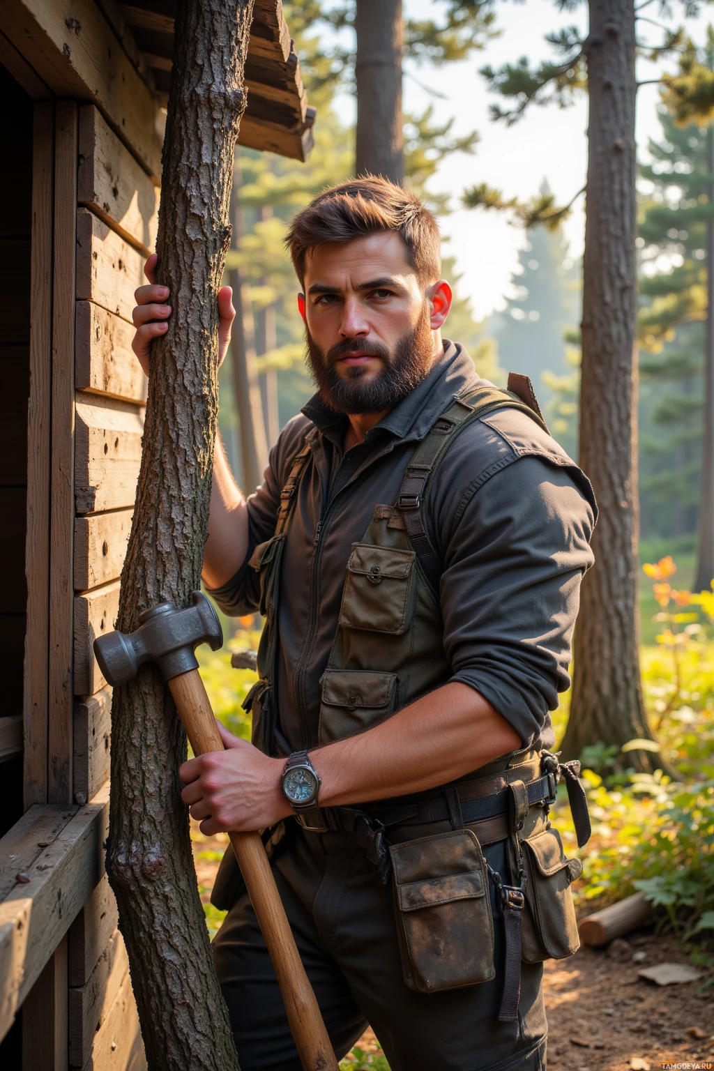 A man stands outdoors near a wooden structure, holding a hammer and wearing a utility vest.