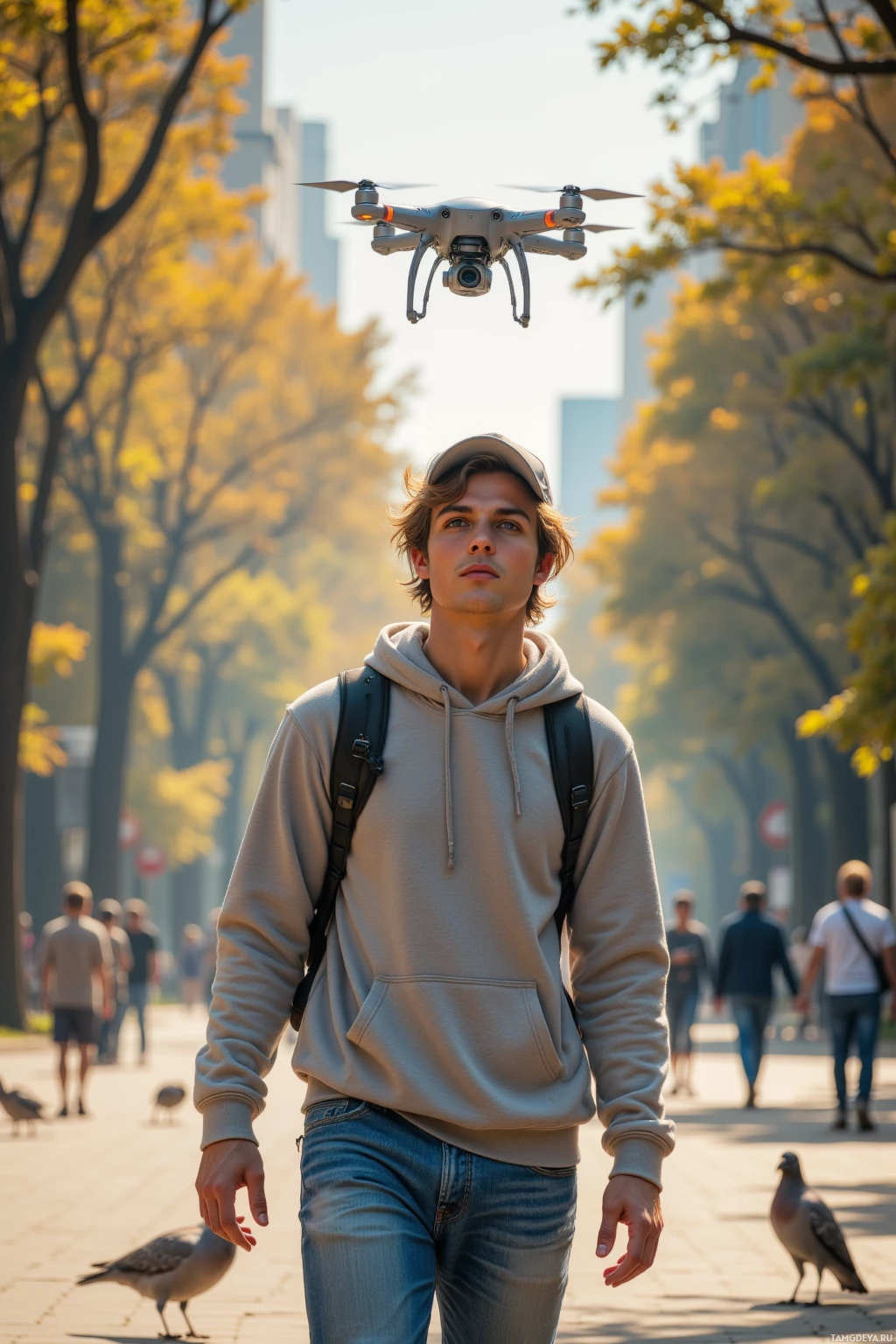 A person walks in a park with a drone flying above them.
