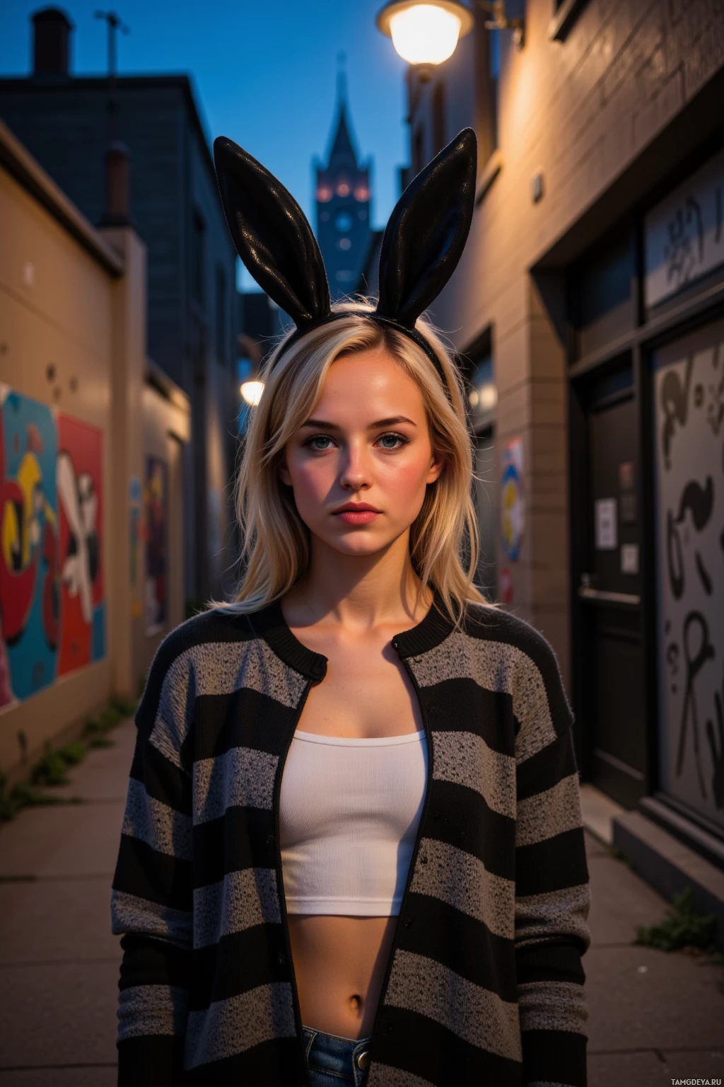 A person wearing a striped cardigan and bunny ears stands in an alleyway at dusk.