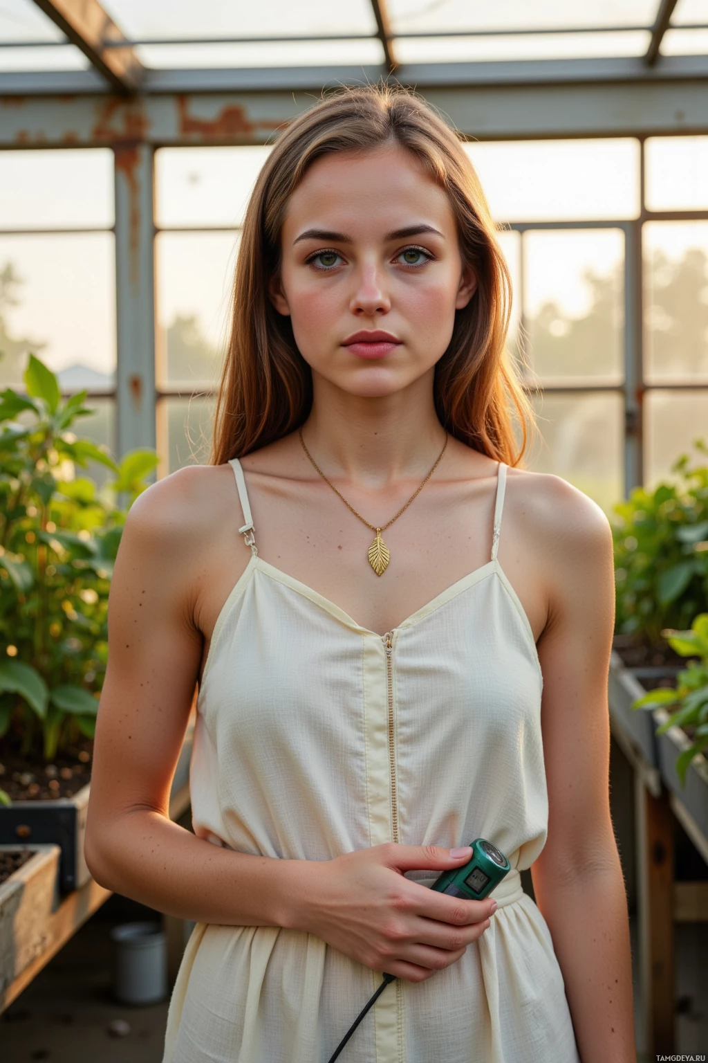 A woman stands in a greenhouse, wearing a light-colored dress and holding a small device.