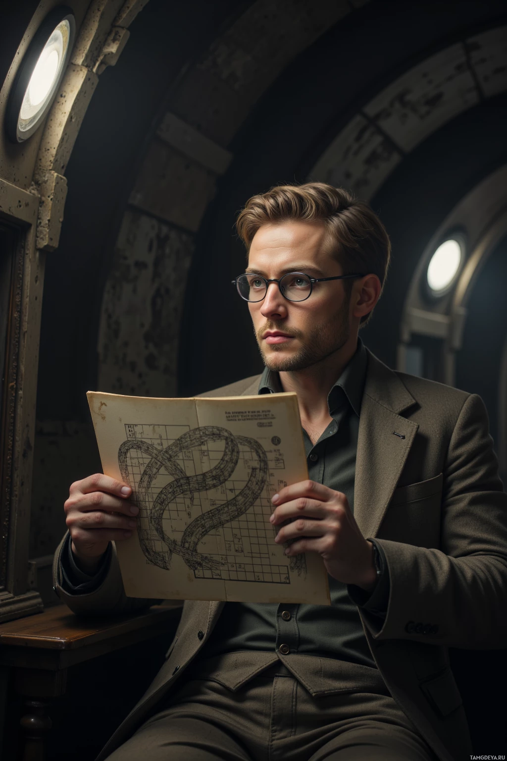 A man in a suit sits in a dimly lit room, holding and examining a detailed blueprint.