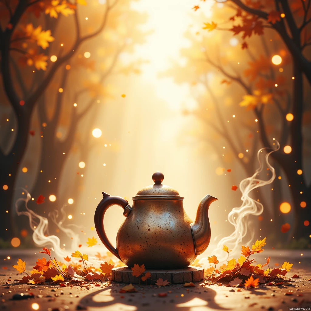 A teapot with steam rising, surrounded by autumn leaves and glowing light in a forest setting.