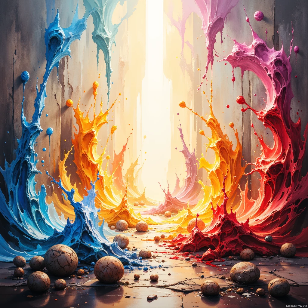 A vibrant, abstract painting featuring splashes of blue, orange, and red paint against a textured background.