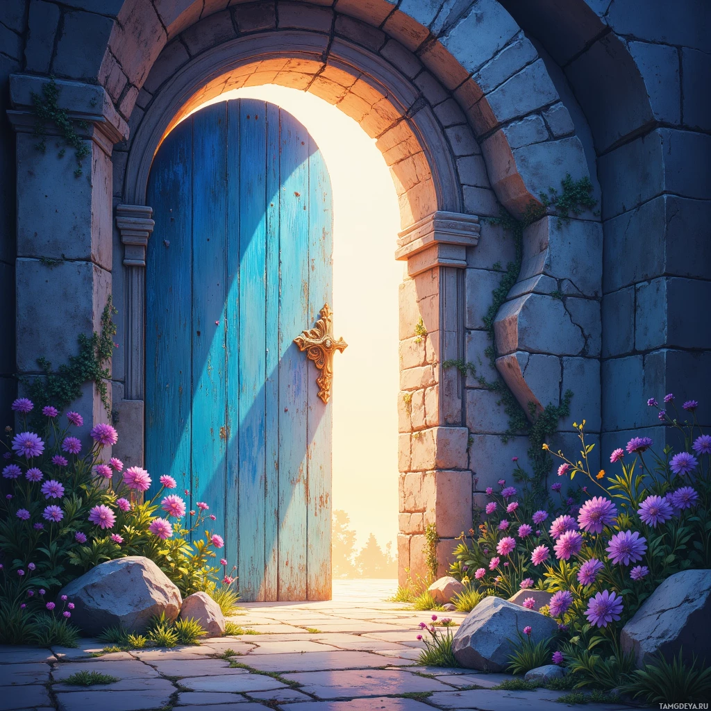 A blue wooden door with a golden handle stands within an arched stone doorway, surrounded by vibrant purple flowers and greenery.